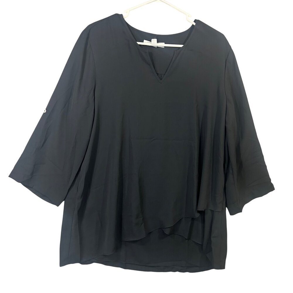 Fever Womens Large Black V-Neck Layered 3/4 Sleeve With Roll Tab Tunic Top NWT